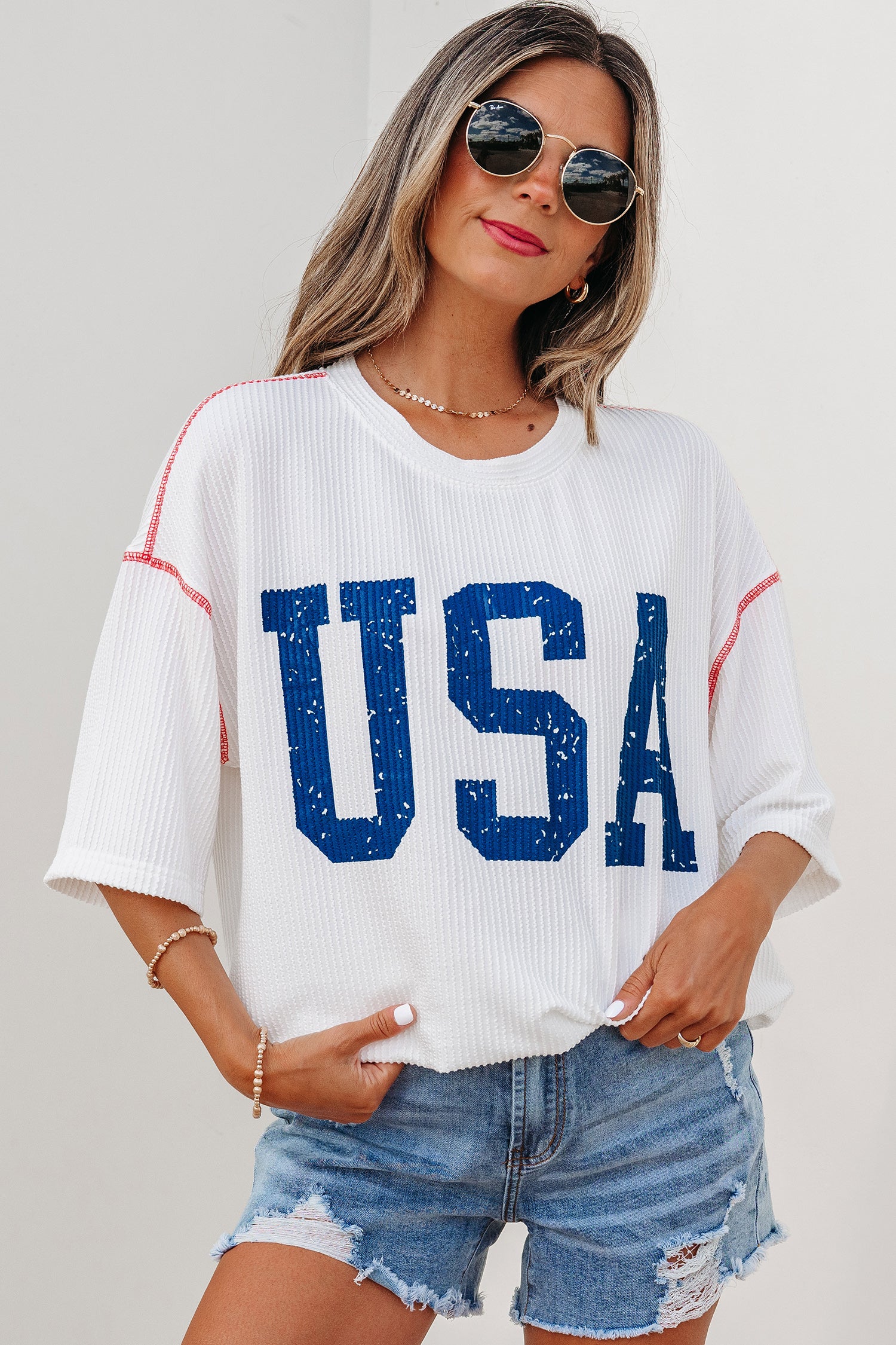 Beau Blue USA Graphic Half Sleeve Loose Ribbed Top